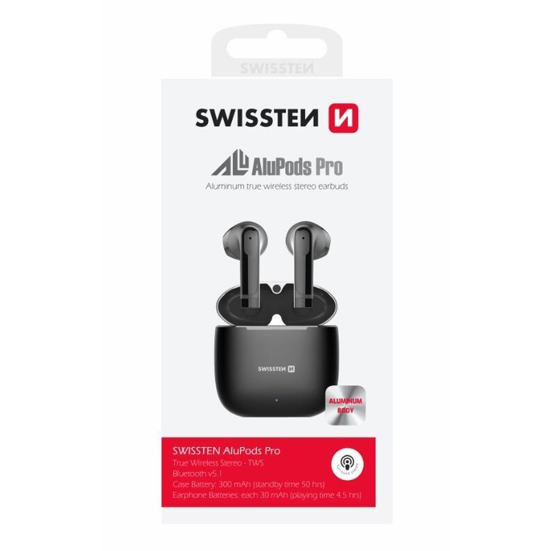 Swissten TWS ALUPODS PRO Bluetooth sluchátka - černá