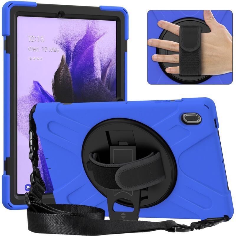 360 odolný hybridní kryt s popruhem a držákem na ruku pro tablet Samsung Galaxy Tab S7 FE T736 - černý/modrý