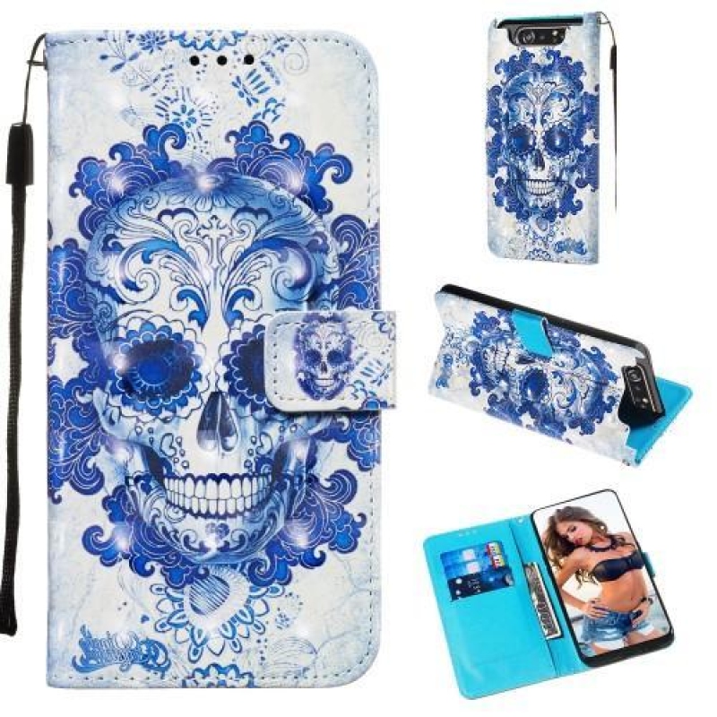 3D Painting PU kožené pouzdro na mobil Samsung Galaxy A80 - modrá lebka