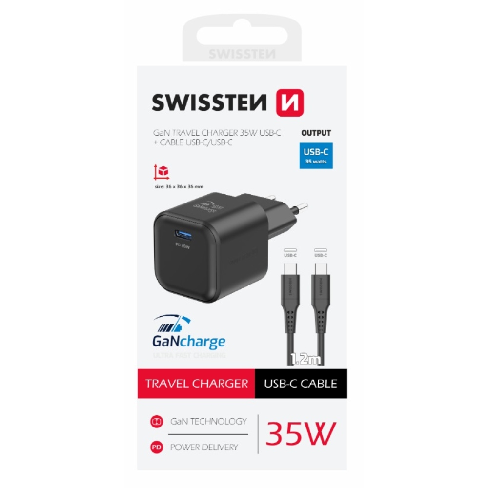 Nabíječka Swissten GaN 1x USB-C 35W power delivery + kabel USB-C/USB-C 1,2m - černá