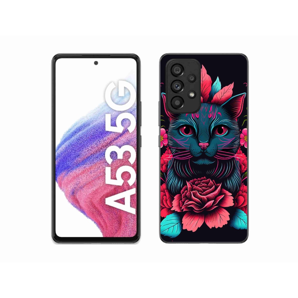 Gelový kryt mmCase na Samsung Galaxy A53 5G - květiny a kočka