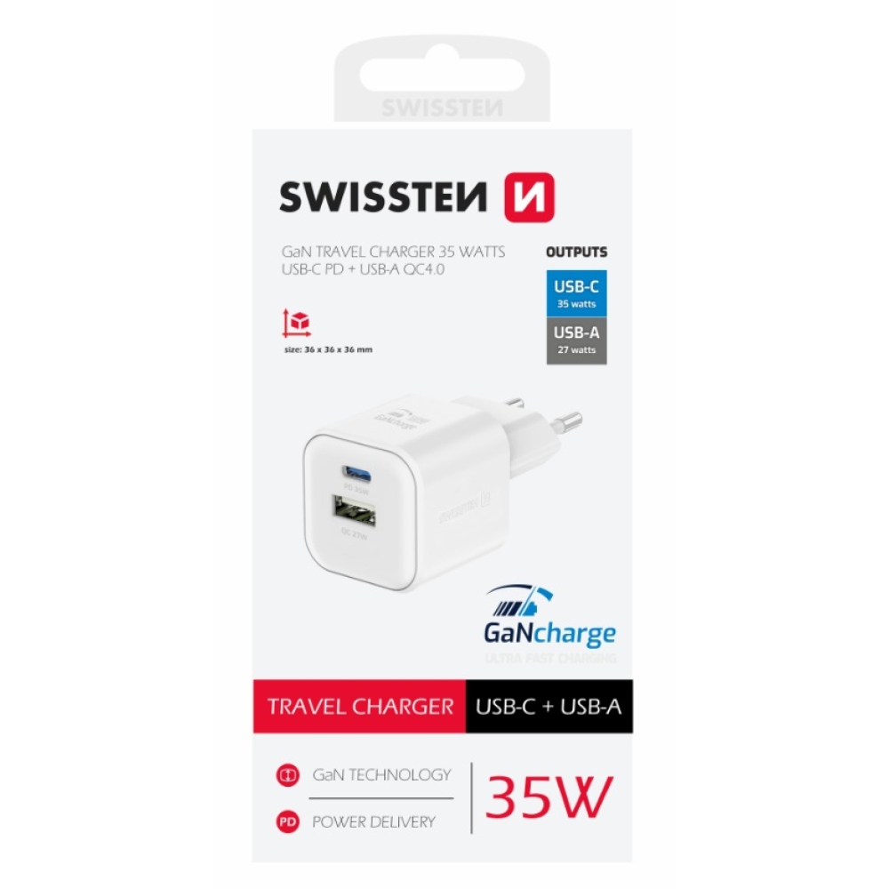 Nabíječka Swissten GaN 1x USB-C 35W PD + 1x USB-A 27W QC - bílá