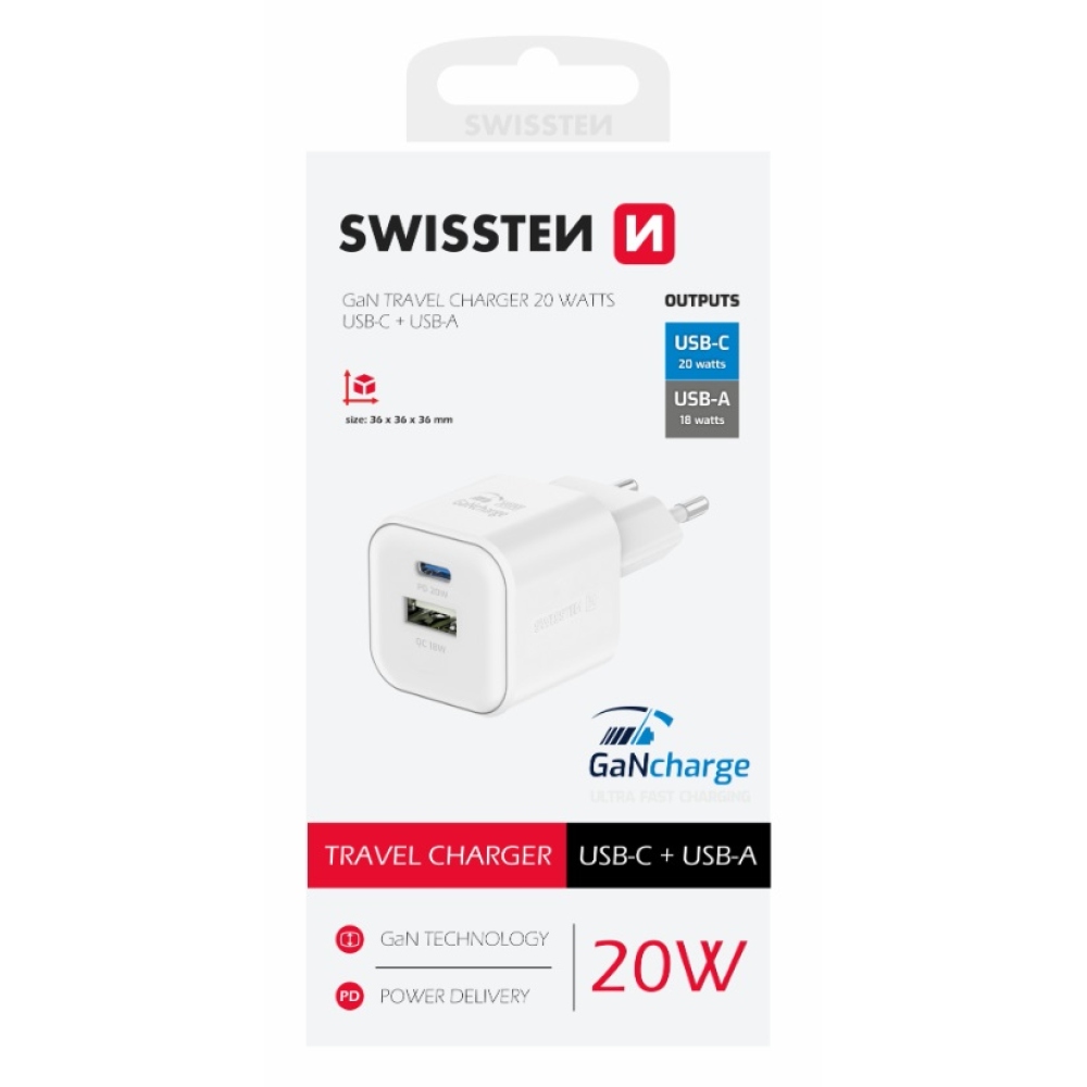 Nabíječka Swissten GaN 1x USB-C 20W PD + 1x USB-A 18W QC - bílá