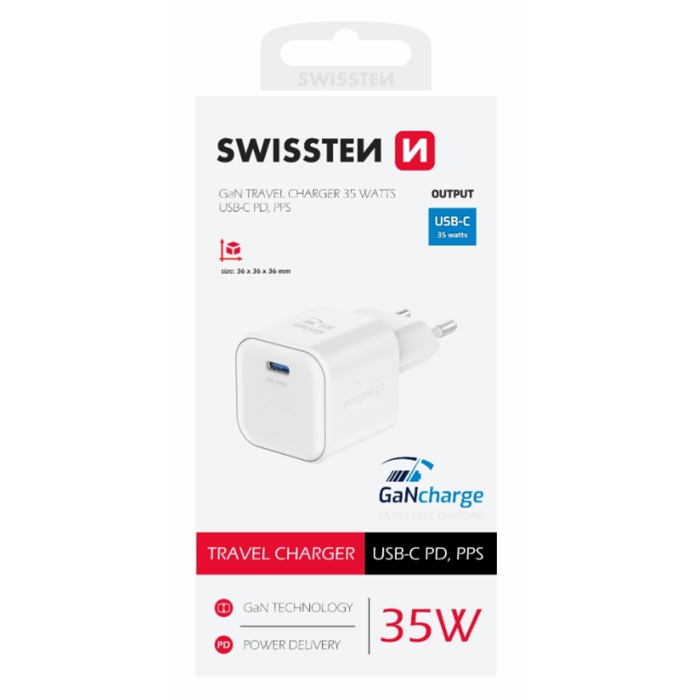 Nabíječka Swissten GaN 1x USB-C 35W power delivery - bílá