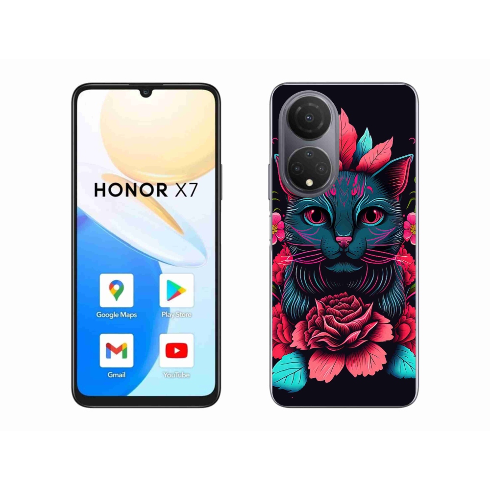 Gelový kryt mmCase na Honor X7 - květiny a kočka