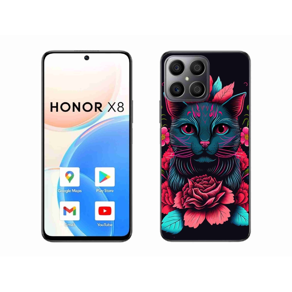 Gelový kryt mmCase na Honor X8 - květiny a kočka