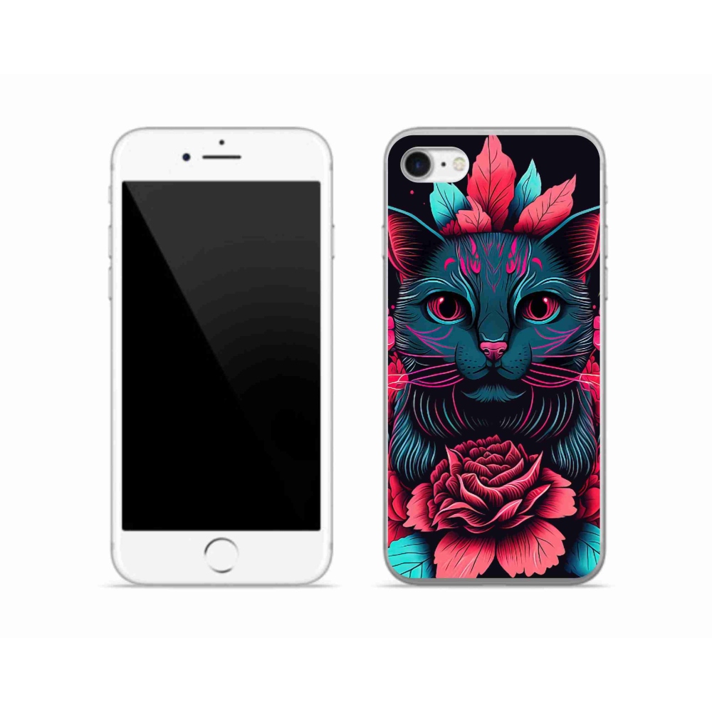 Gelový kryt mmCase na iPhone SE (2020) - květiny a kočka