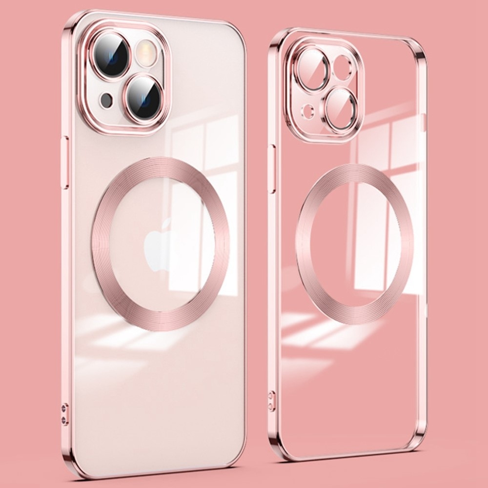 Clear obal s ochranou fotoaparátu a podporou MagSafe na iPhone 14 - růžovozlatý