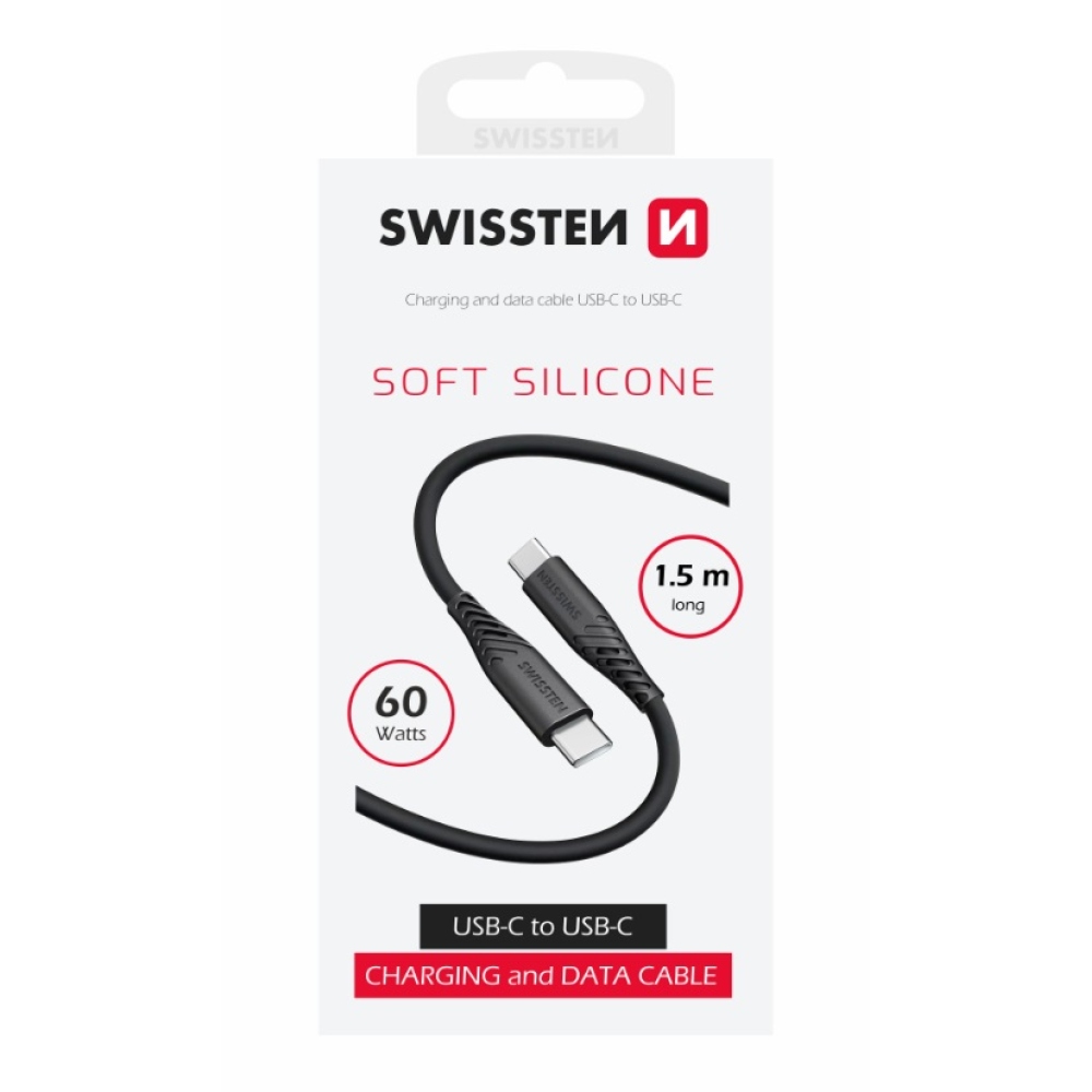 Swissten silikonový kabel USB-C/USB-C pro nabíjení a synchronizaci 1,5 m 60W - černý