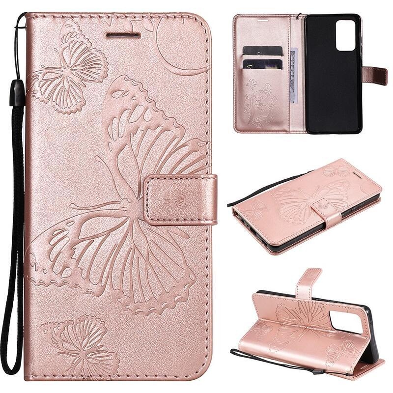 Big Butterfly PU kožené peněženkové pouzdro pro mobil Samsung Galaxy A52 5G/4G/A52s 5G - růžovozlaté