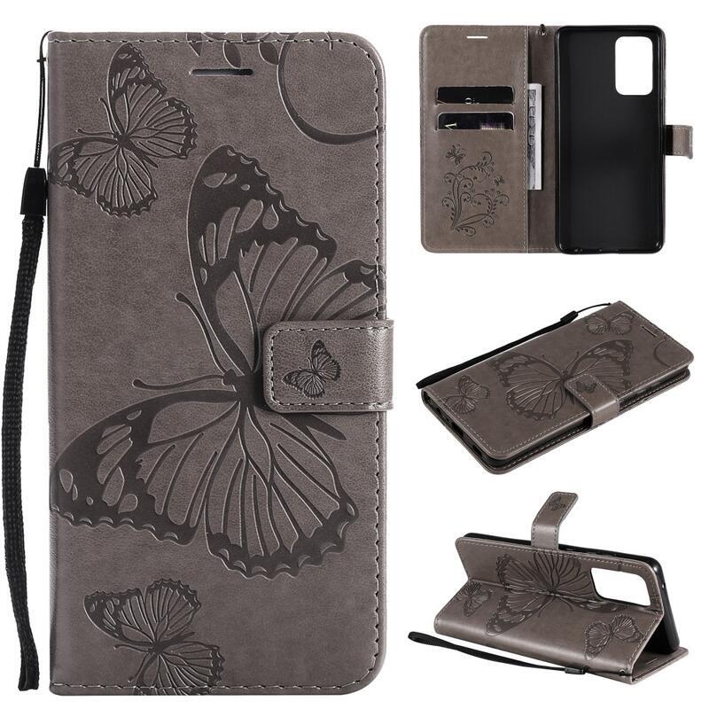 Big Butterfly PU kožené peněženkové pouzdro pro mobil Samsung Galaxy A52 5G/4G/A52s 5G - šedé