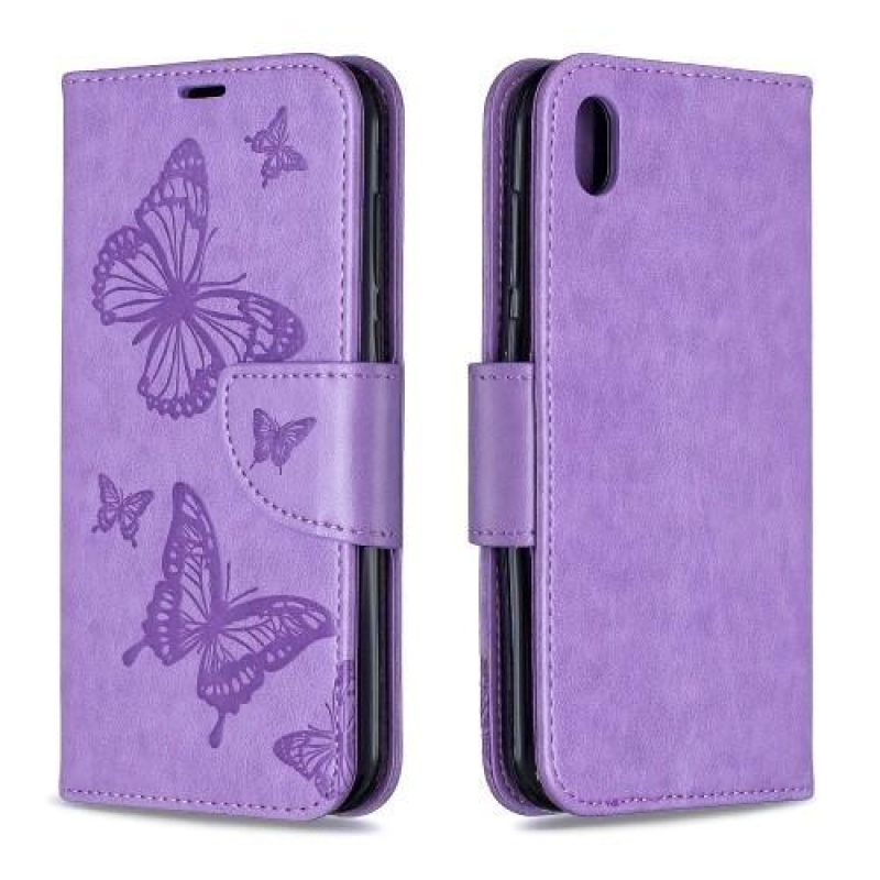 Butterflies PU kožené peněženkové pouzdro na mobil Huawei Y5 (2019) / Honor 8S - fialové