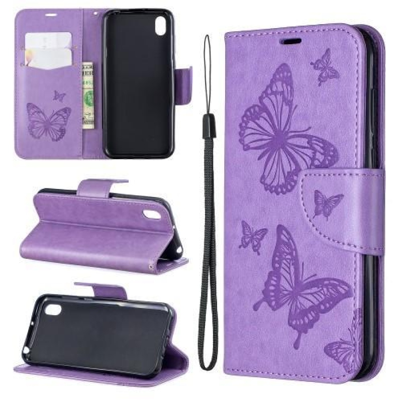 Butterflies PU kožené peněženkové pouzdro na mobil Huawei Y5 (2019) / Honor 8S - fialové