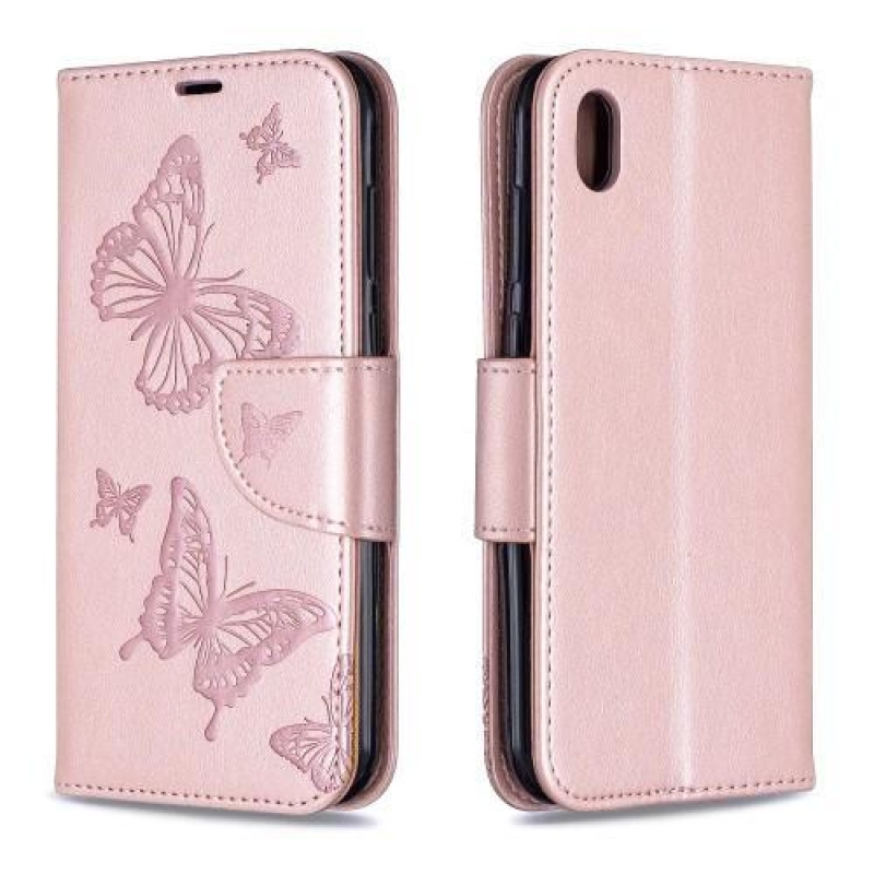 Butterflies PU kožené peněženkové pouzdro na mobil Huawei Y5 (2019) / Honor 8S - růžovozlaté