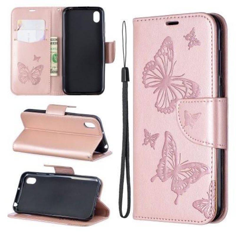 Butterflies PU kožené peněženkové pouzdro na mobil Huawei Y5 (2019) / Honor 8S - růžovozlaté