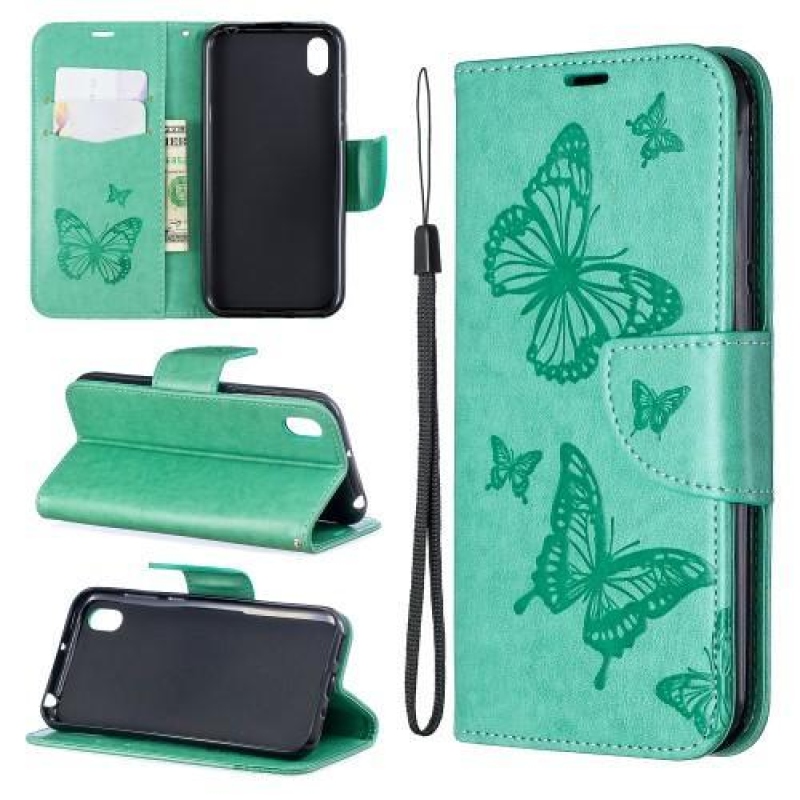Butterflies PU kožené peněženkové pouzdro na mobil Huawei Y5 (2019) / Honor 8S - zelené