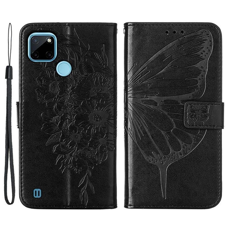 Butterflies PU kožené peněženkové pouzdro na mobil Realme C21Y/C25Y - černé