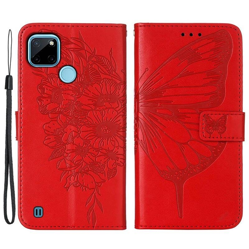 Butterflies PU kožené peněženkové pouzdro na mobil Realme C21Y/C25Y - červené