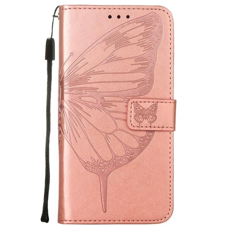 Butterflies PU kožené peněženkové pouzdro na mobil Realme C21Y/C25Y - růžovozlaté