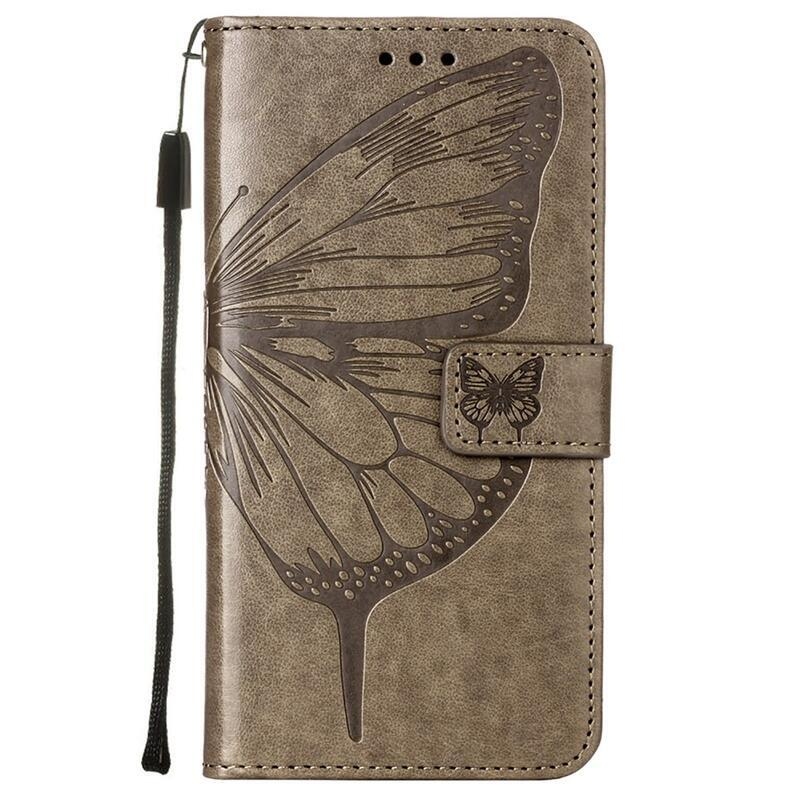 Butterflies PU kožené peněženkové pouzdro na mobil Realme C21Y/C25Y - šedé