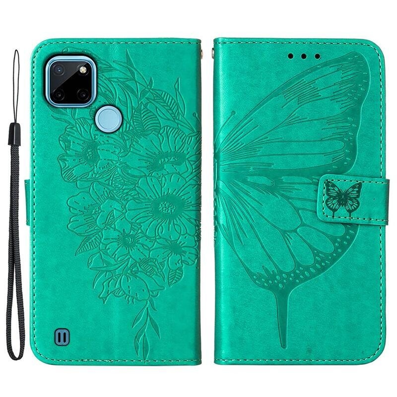 Butterflies PU kožené peněženkové pouzdro na mobil Realme C21Y/C25Y - zelené
