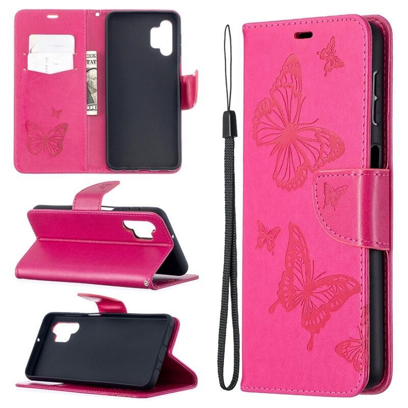 Butterflies PU kožené peněženkové pouzdro na mobil Samsung Galaxy A32 5G - rose