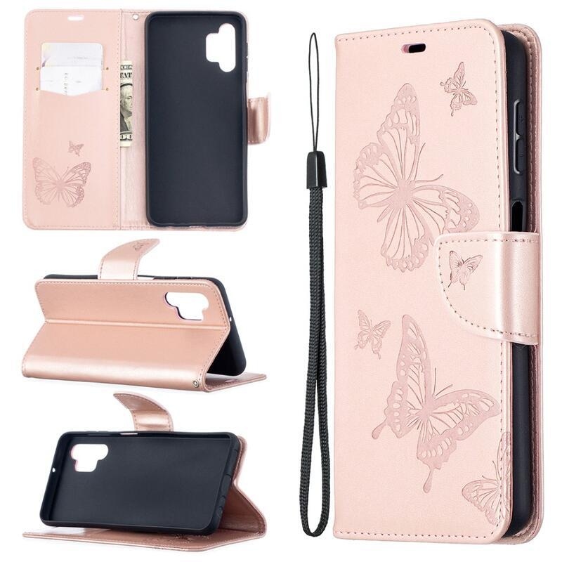 Butterflies PU kožené peněženkové pouzdro na mobil Samsung Galaxy A32 5G - růžovozlatá