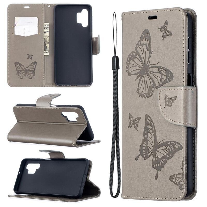 Butterflies PU kožené peněženkové pouzdro na mobil Samsung Galaxy A32 5G - šedá