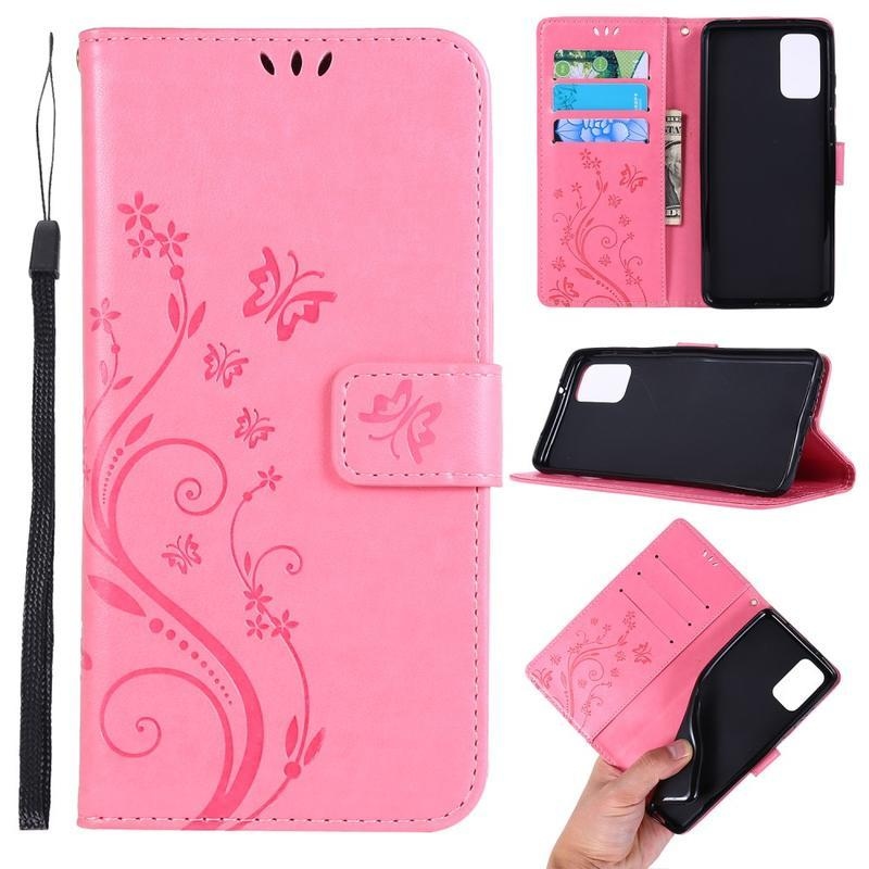 Butterflies PU kožené peněženkové pouzdro na mobil Samsung Galaxy S20 Plus - růžové