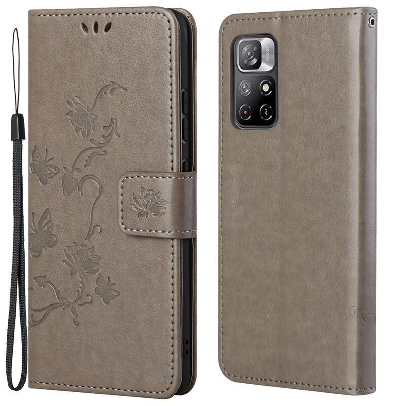 Butterflies PU kožené peněženkové pouzdro na mobil Xiaomi Poco M4 Pro 5G/Redmi Note 11S 5G - šedé