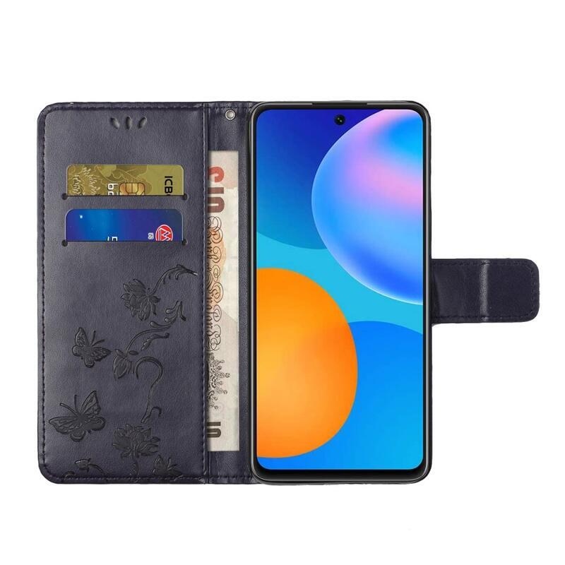 Butterflies PU kožené peněženkové pouzdro na mobil Xiaomi Poco M4 Pro 5G/Redmi Note 11S 5G - tmavěfialové
