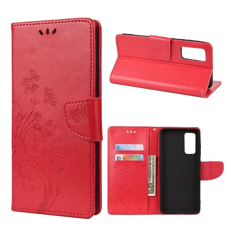 Butterflies PU kožené peněženkové pouzdro pro mobil Samsung Galaxy A72 5G/4G - červené