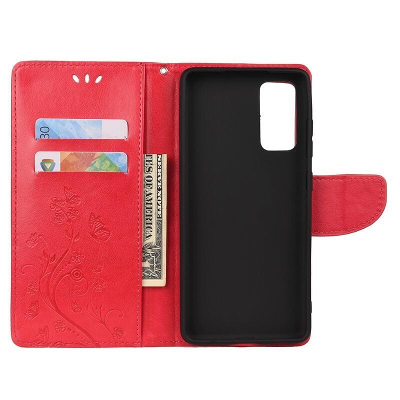 Butterflies PU kožené peněženkové pouzdro pro mobil Samsung Galaxy A72 5G/4G - červené