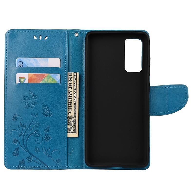 Butterflies PU kožené peněženkové pouzdro pro mobil Samsung Galaxy A72 5G/4G - modré