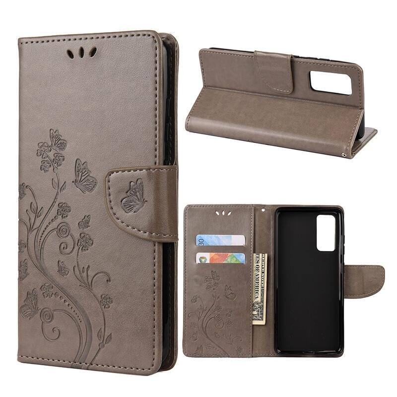 Butterflies PU kožené peněženkové pouzdro pro mobil Samsung Galaxy A72 5G/4G - šedé