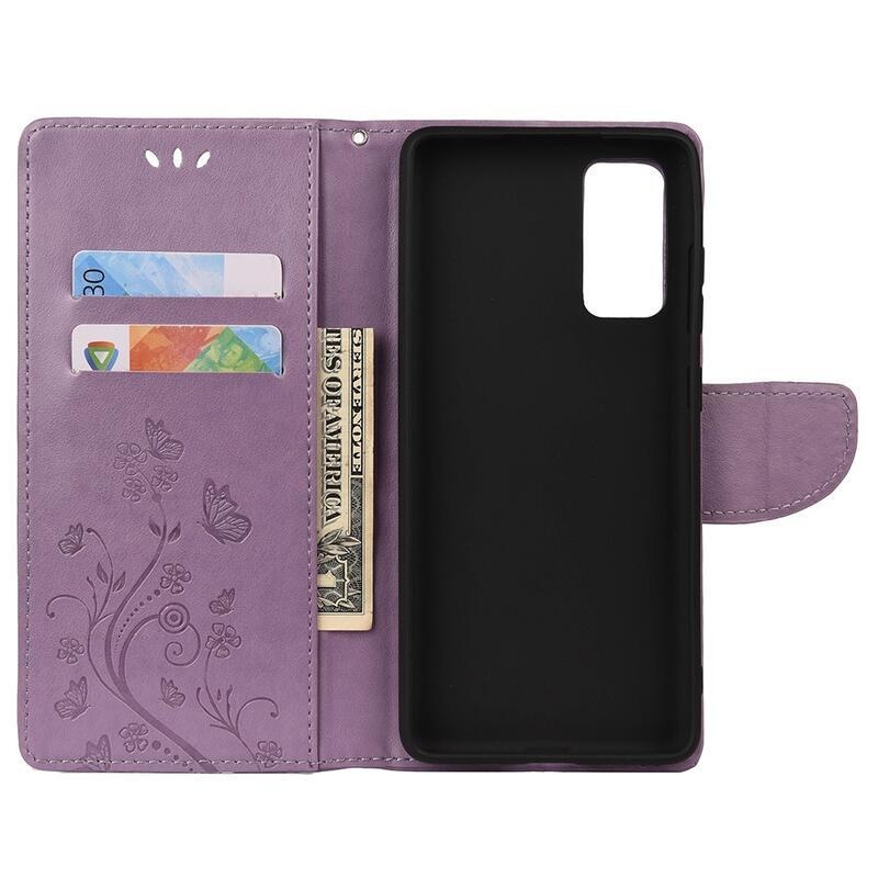 Butterflies PU kožené peněženkové pouzdro pro mobil Samsung Galaxy A72 5G/4G - světlefialové