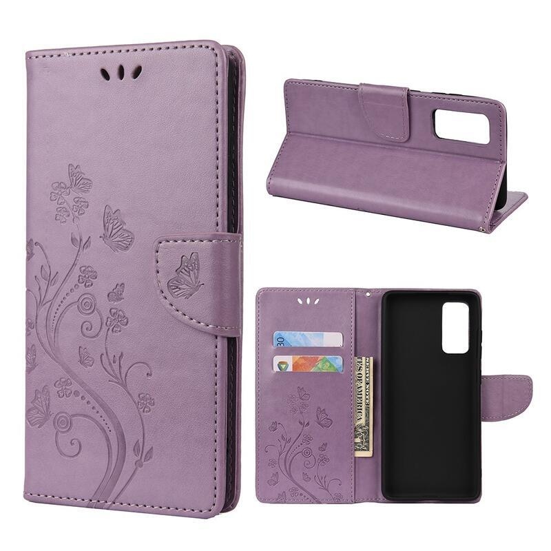 Butterflies PU kožené peněženkové pouzdro pro mobil Samsung Galaxy A72 5G/4G - světlefialové