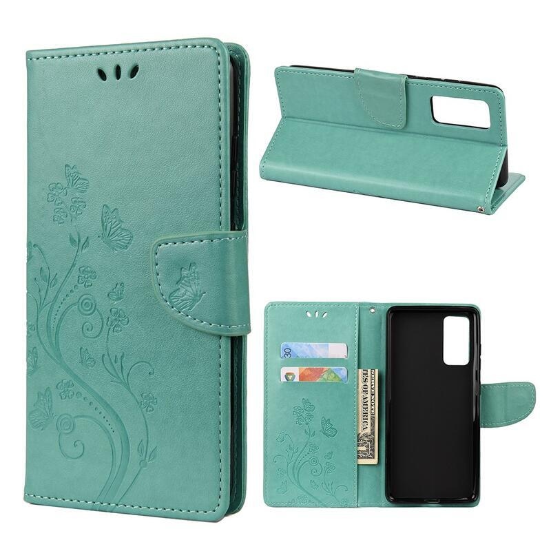 Butterflies PU kožené peněženkové pouzdro pro mobil Samsung Galaxy A72 5G/4G - zelené