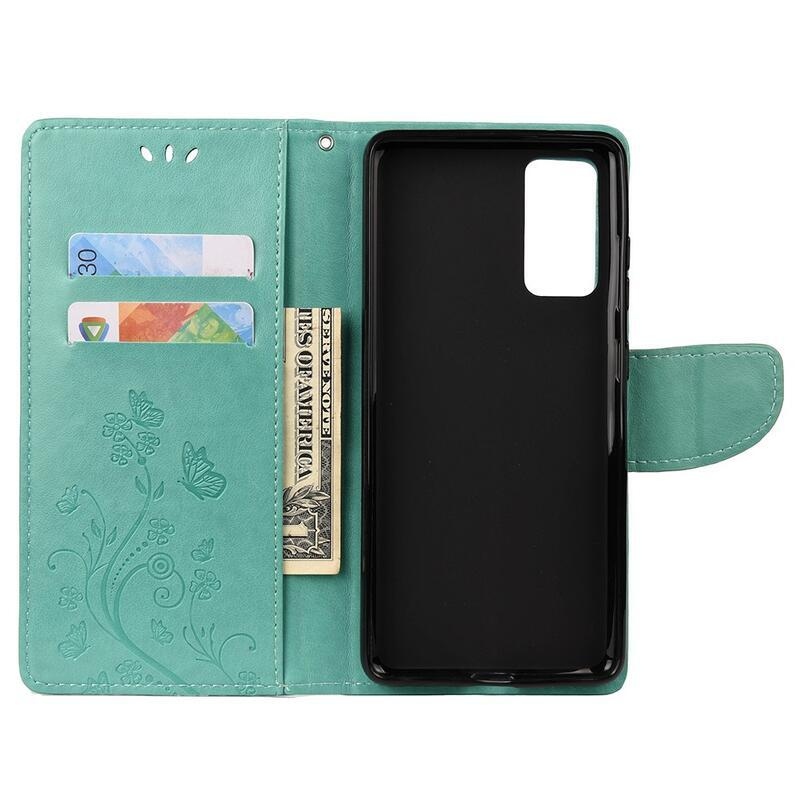 Butterflies PU kožené peněženkové pouzdro pro mobil Samsung Galaxy A72 5G/4G - zelené