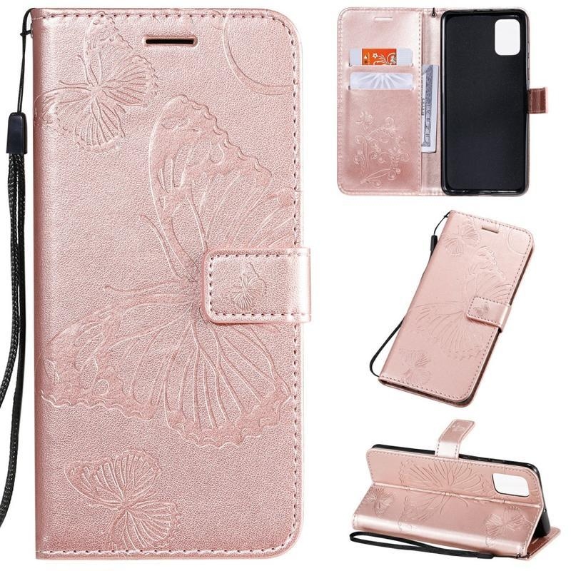 Butterflies PU kožené pouzdro na mobil Samsung Galaxy A51 - růžovozlaté