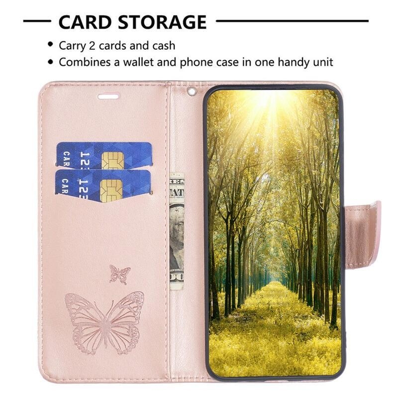 Butterfly knížkové pouzdro na Xiaomi Redmi Note 12 5G/Poco X5 5G - růžovozlaté
