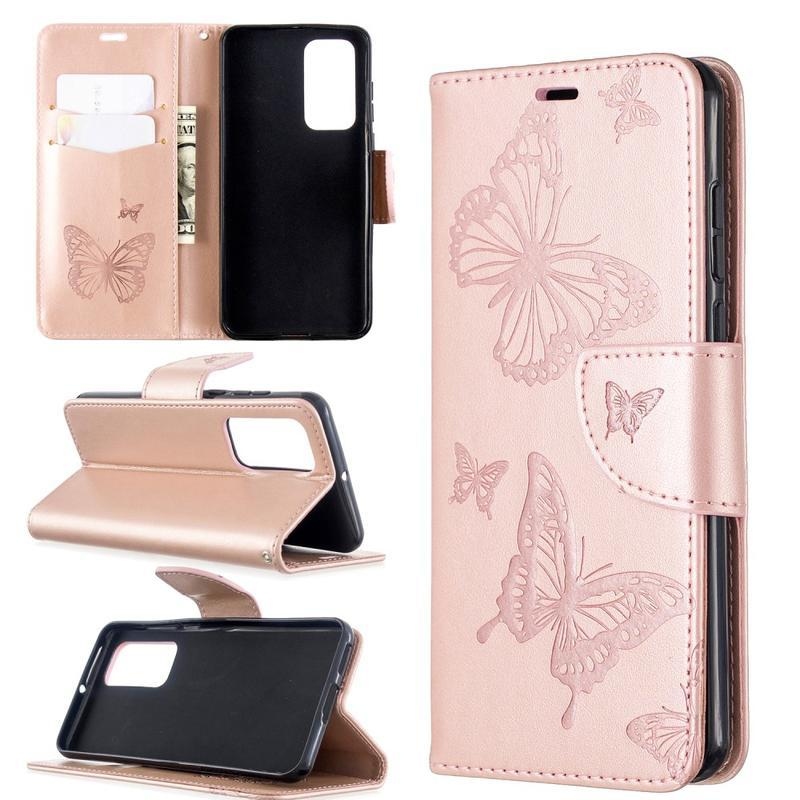 Butterfly PU kožené peněženkové pouzdro na mobil Huawei P40 - růžovozlaté