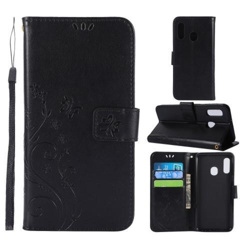 Butterfly PU kožené peněženkové pouzdro na mobil Samsung Galaxy A20e - černý