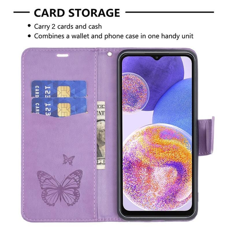 Butterfly PU kožené peněženkové pouzdro na mobil Samsung Galaxy A23 4G/5G - fialové