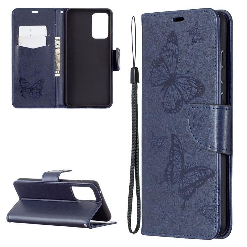 Butterfly PU kožené peněženkové pouzdro na mobil Samsung Galaxy A72 5G/4G - tmavěmodré