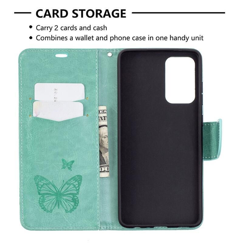 Butterfly PU kožené peněženkové pouzdro na mobil Samsung Galaxy A72 5G/4G - zelené