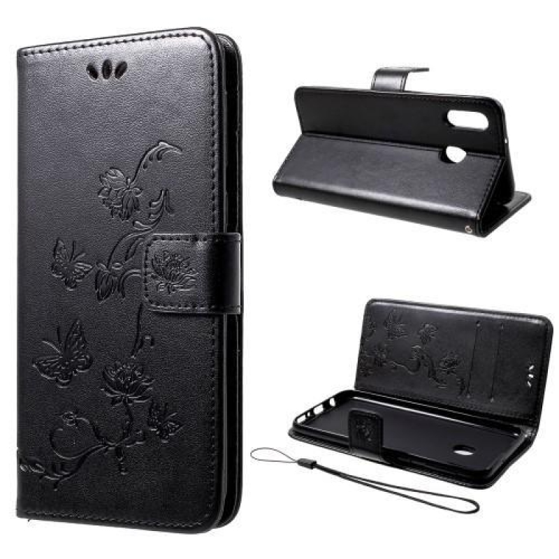 Butterfly PU kožené peněženkové pouzdro na mobil Samsung Galaxy M20 - černé