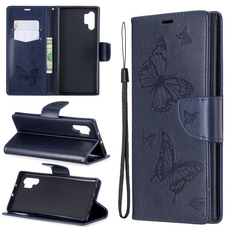 Butterfly PU kožené peněženkové pouzdro na mobil Samsung Galaxy Note 10 Plus - modré