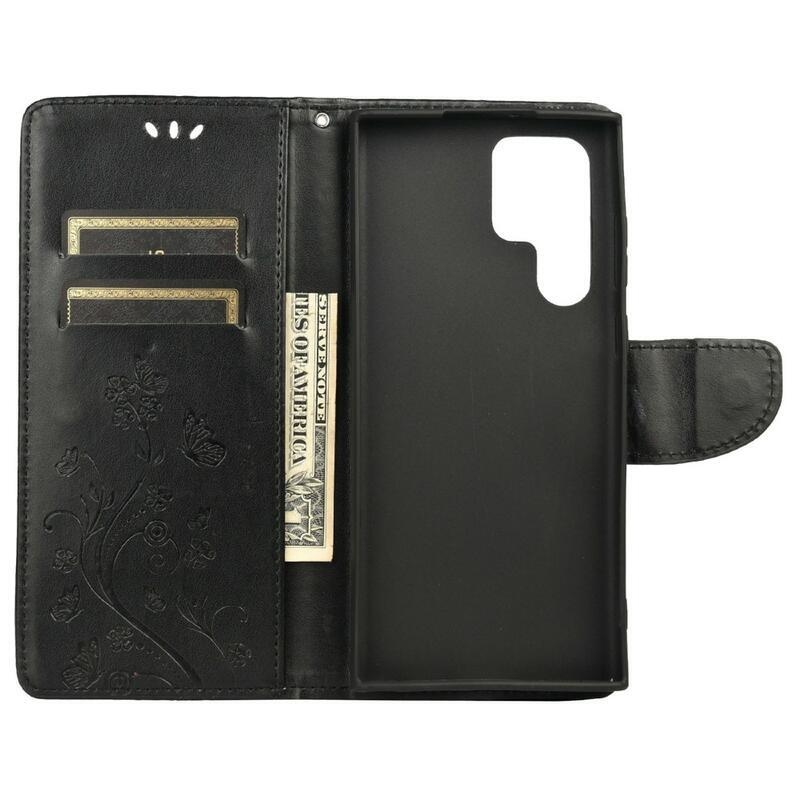 Butterfly PU kožené peněženkové pouzdro na mobil Samsung Galaxy S22 Ultra 5G - černé