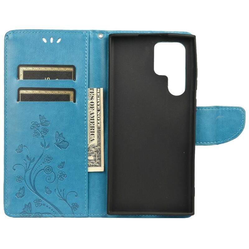 Butterfly PU kožené peněženkové pouzdro na mobil Samsung Galaxy S22 Ultra 5G - modré